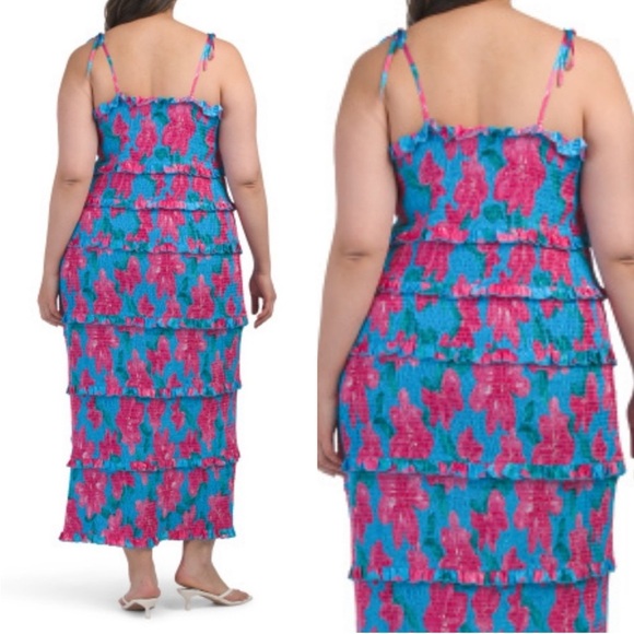 SHOW ME YOUR MUMU Stella Smocked hot pink blue Midi Dress size 2X plus new w tag - Picture 7 of 9
